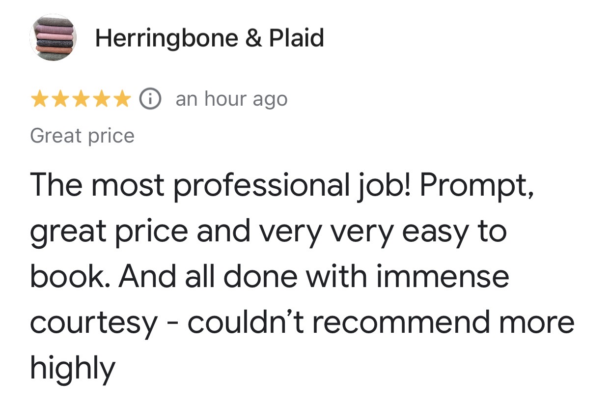 Five-star Google customer review from Herringbone and Plaid