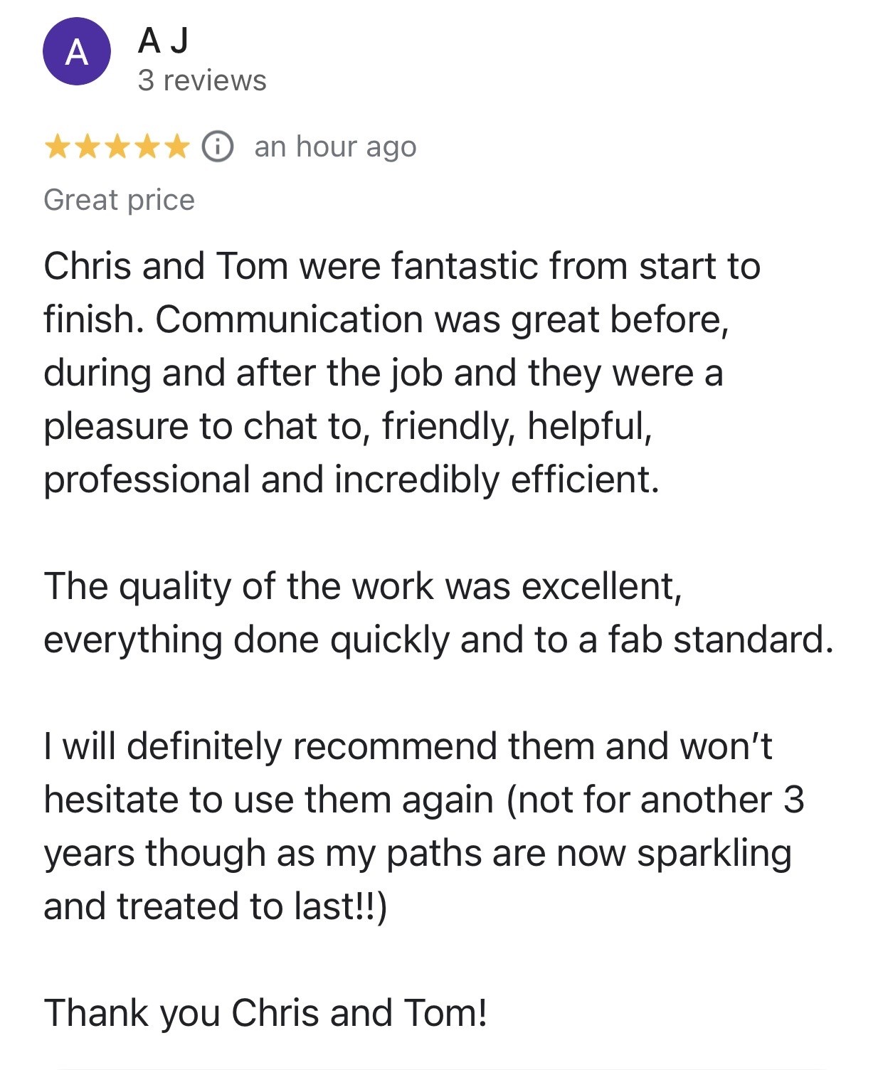 Five-star Google customer review from AJ