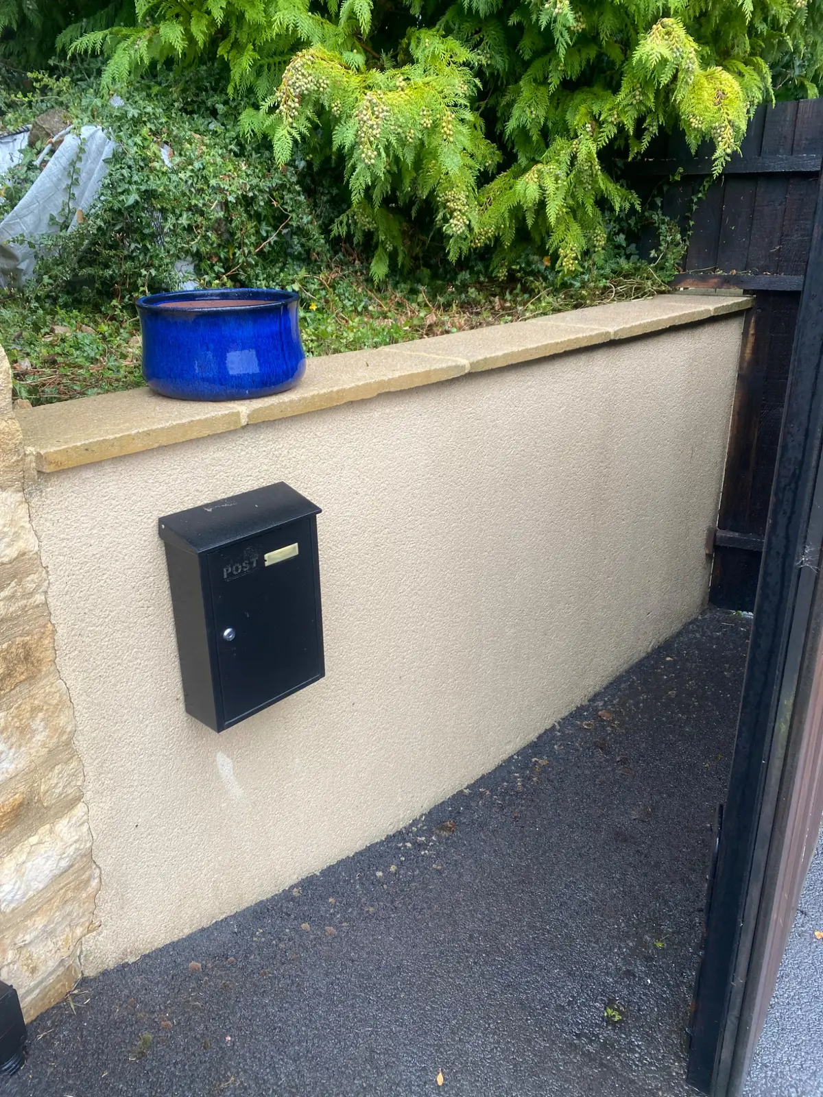 Freshly soft-washed exterior garden wall